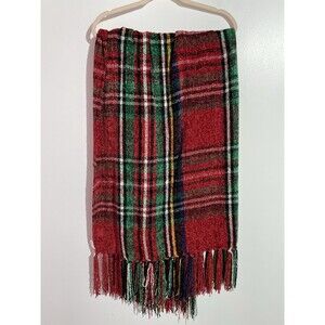 Pier 1 Imports Red Tartan Chenille Throw Blanket 50x70 Holiday Warm Cozy Tassels